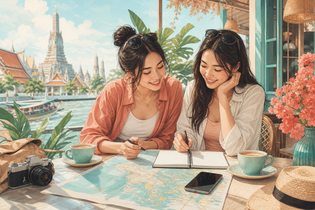 เพื่อนคู่คิดนั่งวางแผนทริปด้วยกันที่คาเฟ่ริมน้ำ มีแผนที่และสมุดโน้ต
