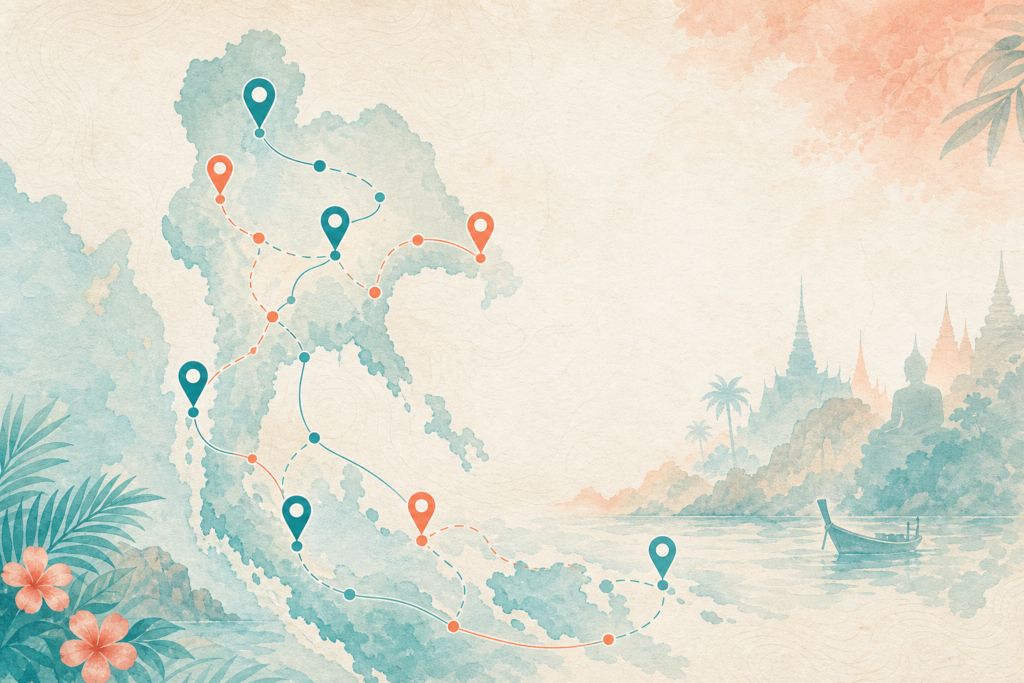 แผนที่เส้นทางท่องเที่ยวพร้อมหมุดเชื่อมต่อ สื่อแผนผังเว็บไซต์