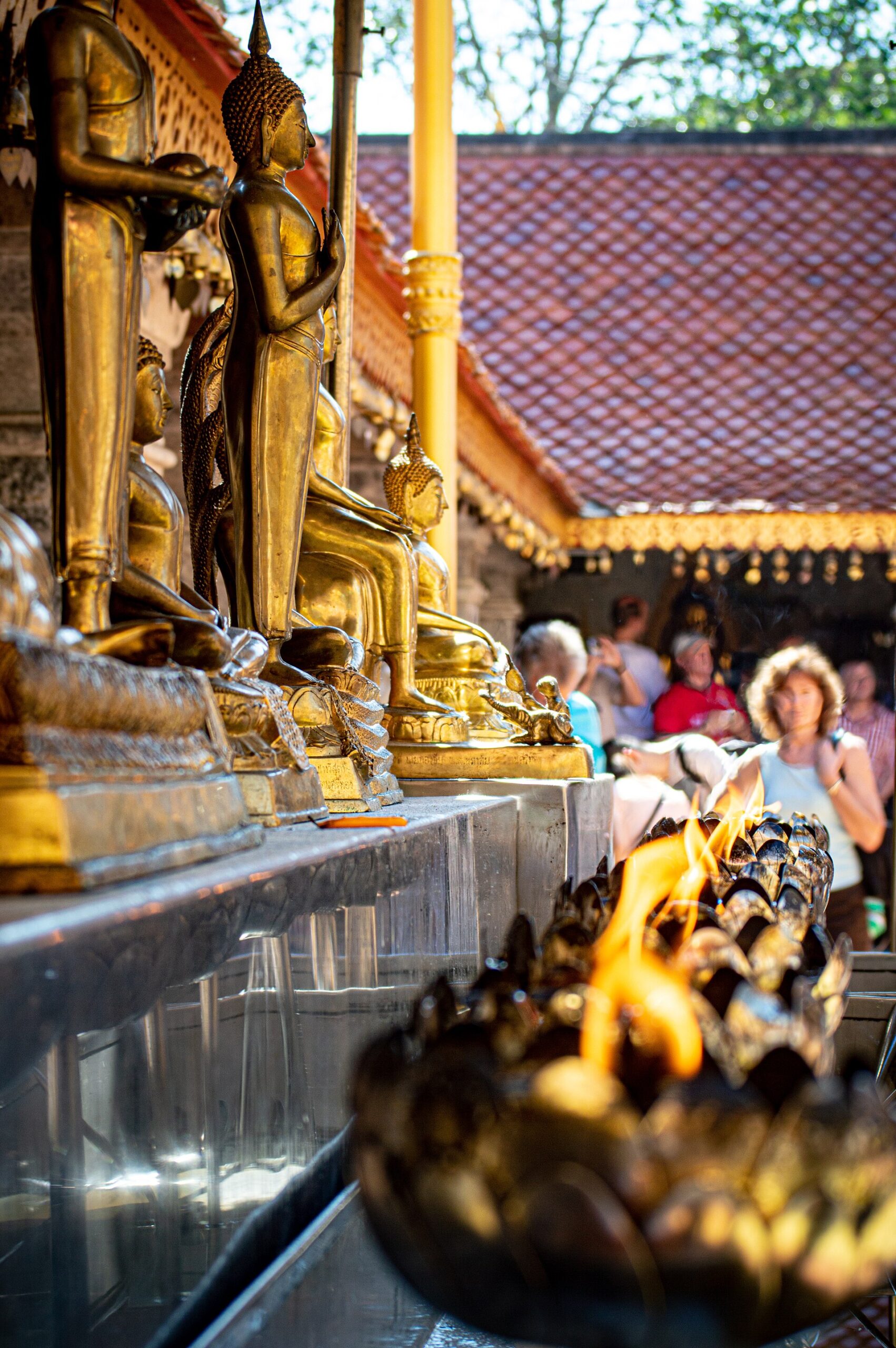 พระพุทธรูปทองและโคมไฟดอกบัวที่วัดพระธาตุดอยสุเทพ เชียงใหม่